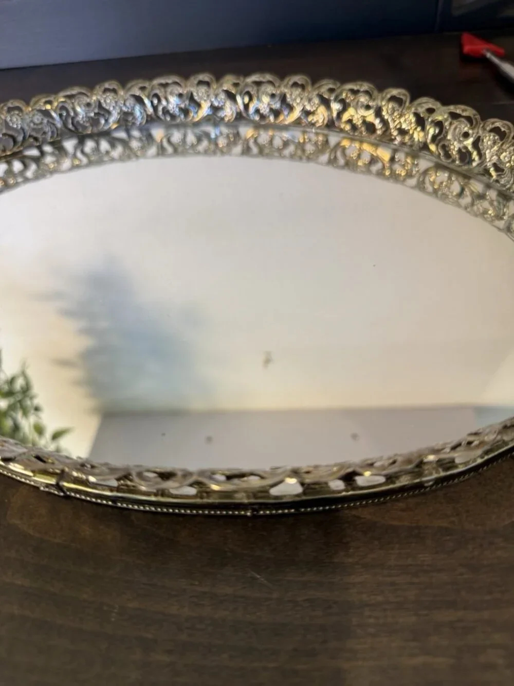 Vintage Oval Gold-tone Filigree Mirrored Vanity Tray Rose Boarder